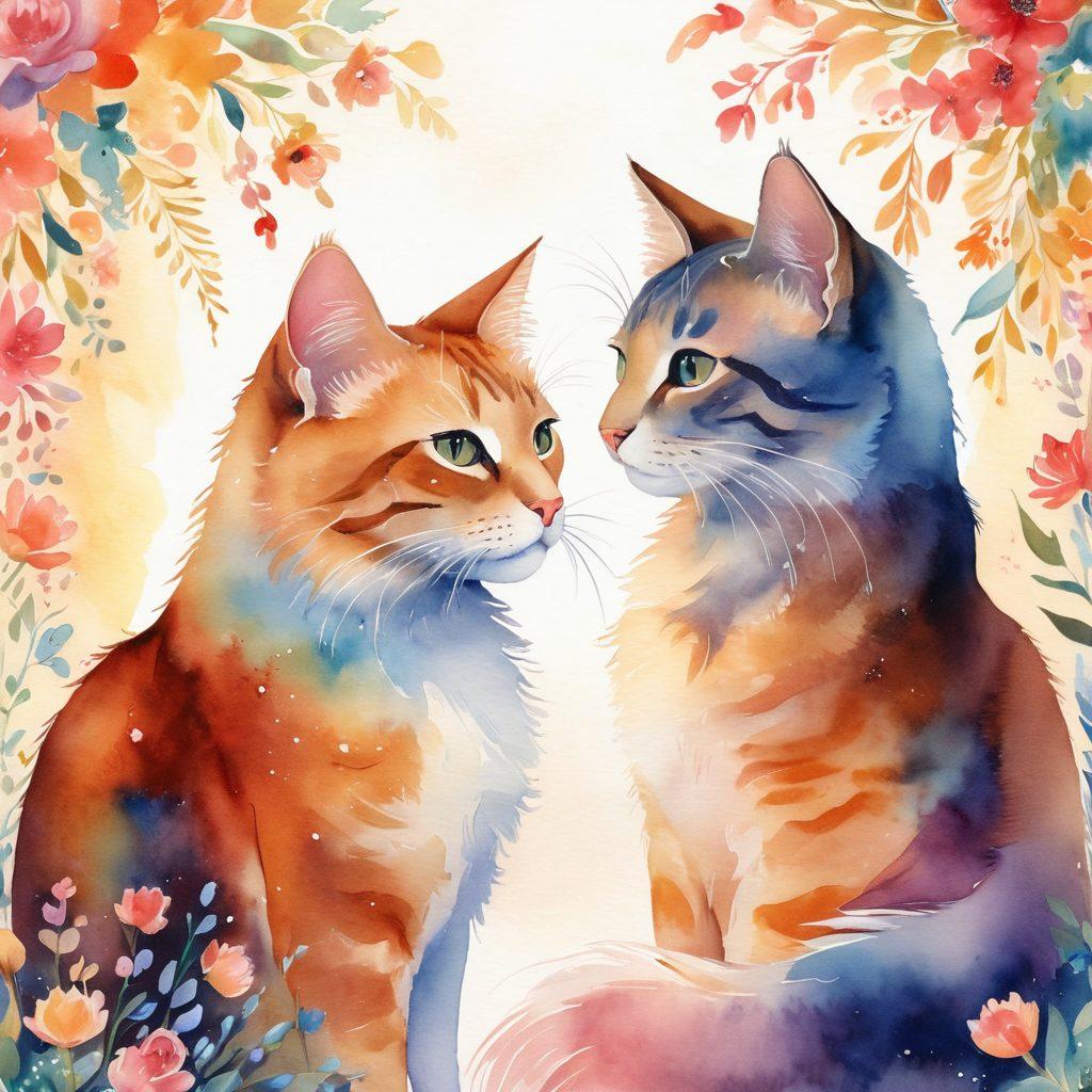 A whimsical scene depicting a couple sharing an intimate moment, surrounded by playful, dreamy cats symbolizing freedom and fantasy. Soft, romantic lighting bathes the scene in warmth, with delicate floral motifs intertwined with silhouettes of cats playing around. The background should evoke a sense of wonder and enchantment, filled with swirling colors. watercolor. dreamy. soft focus.