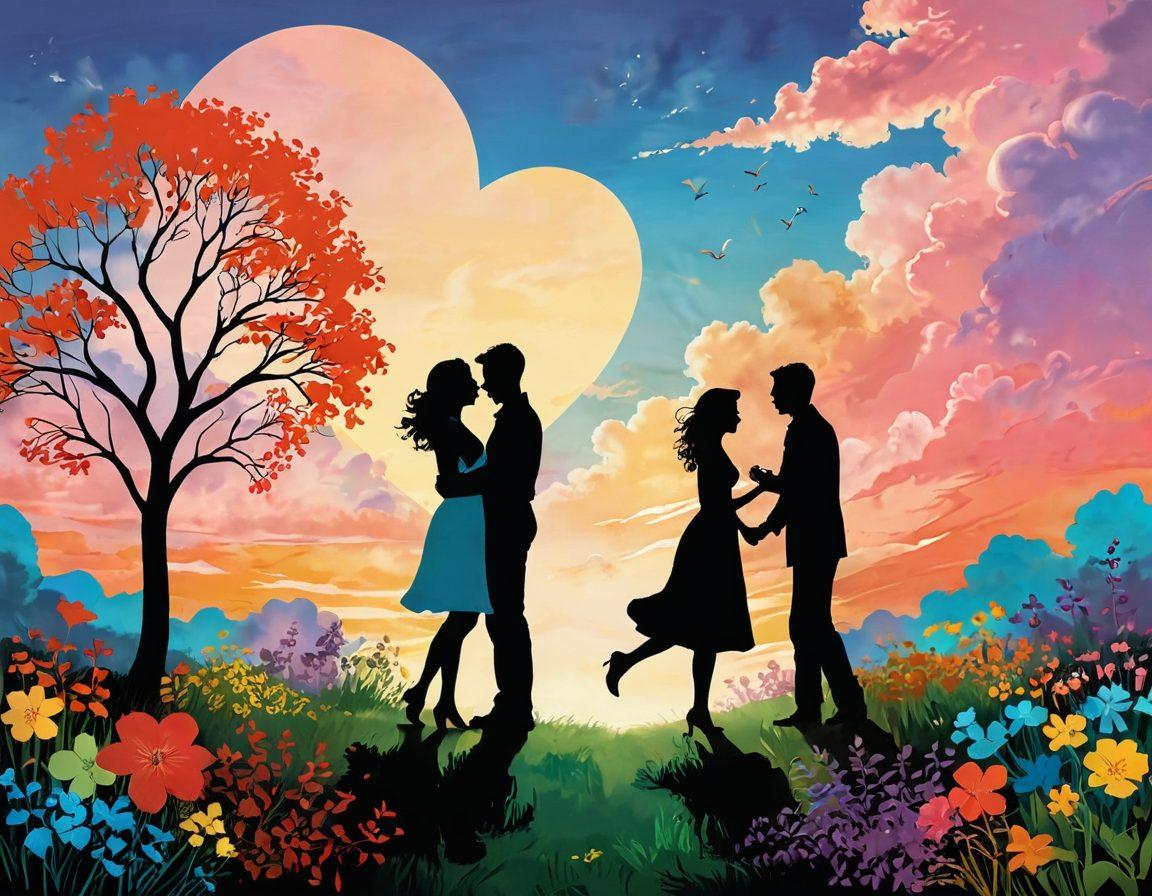 A whimsical and colorful scene depicting playful silhouettes of diverse couples joyfully exploring their love in a serene natural setting, surrounded by soft heart-shaped clouds and playful flora. Dynamic elements symbolize sexual health, like a glowing heart and gentle waves of energy emanating from the couples. Bright and inviting colors evoke a sense of joy and passion. dreamy, vibrant colors, playful illustration, soft focus.